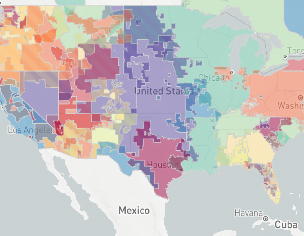 Grid Carbon API — balancing authority regions map showing real-time carbon intensity across the U.S.